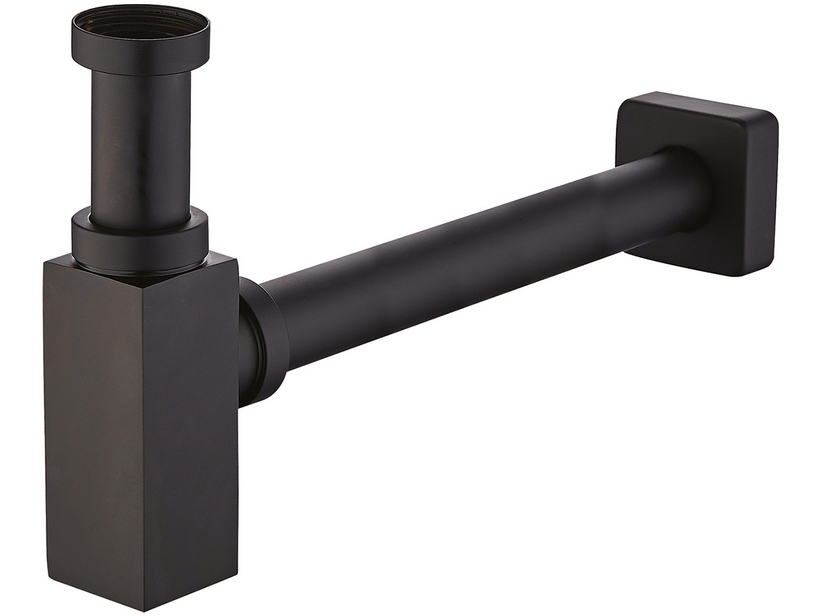 SIFONE ARREDO QUADRATO IN OTTONE NERO OPACO PER LAVABI A VISTA 1"1/4