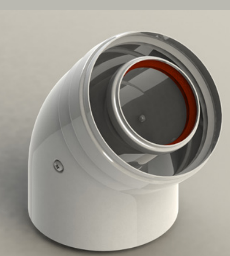 [ITX69647] CURVA COASSIALE A 45° D.60/100 PER SCALDABAGNO CAMERA STAGNA INT.ALLUMINIO EST. LAMIERA B.CO